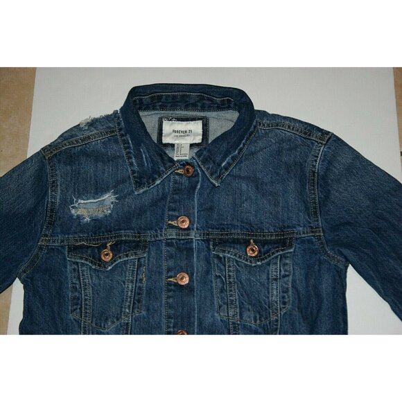 Forever 21 jean jacket womens small distressed denim blue button up - Picture 3 of 7